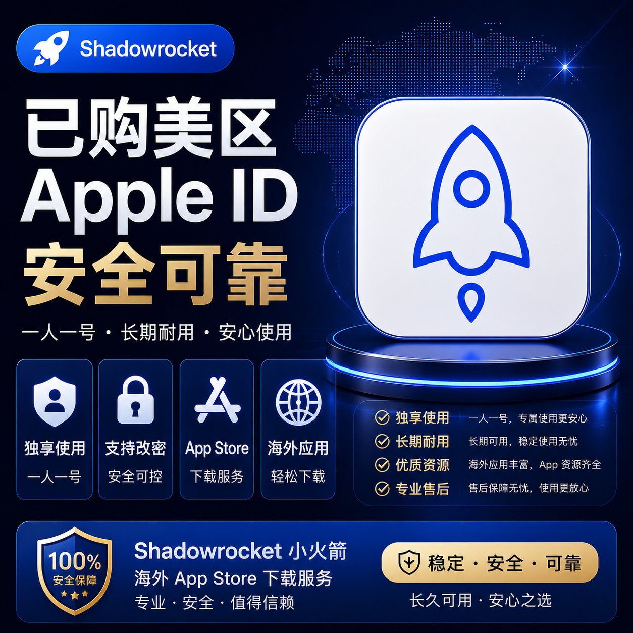Shadowrocket独享Apple ID｜超稳定老号｜海外App Store下载服务